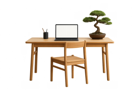 Modern home office setup with laptop showing blank screen, bonsai tree, and wooden furniture on transparent background
