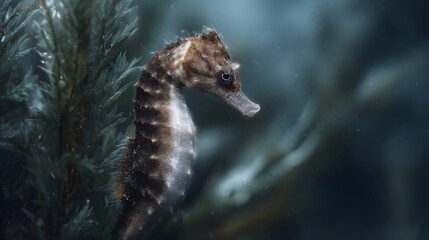 A delicate seahorse clings to seaweed in a detailed high  underwater scene