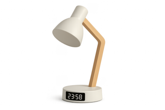 Modern white desk lamp with wooden arm showing 23,58 on transparent background