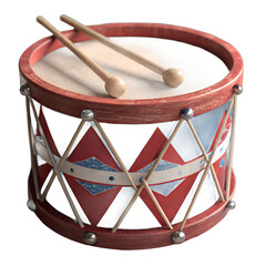 A colorful toy drum with drumsticks, red and blue pattern, isolated on transparent background, realistic lighting, high deta