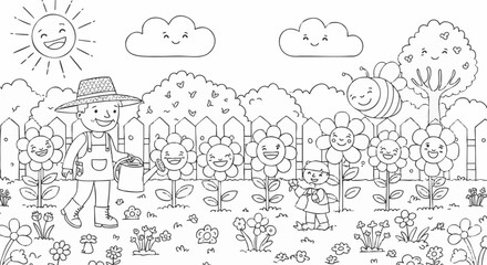 A Whimsical Garden Scene Line Art Illustration with Happy Flowers