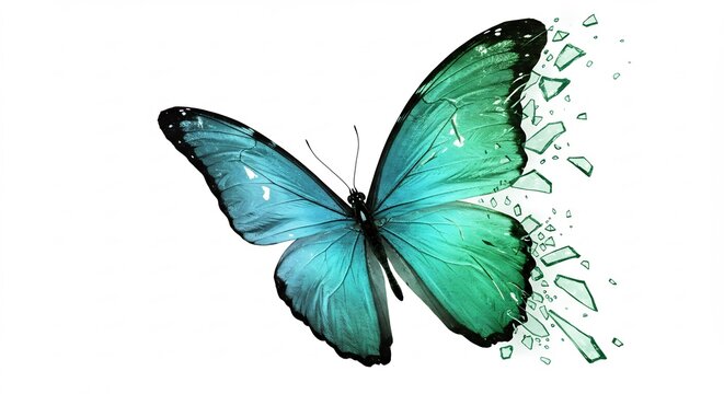 Papillon bleu turquoise se d�sint�gre doucement lumi�re intense fond blanc. AI Generated