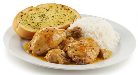 Poulet r�ti savoureux riz blanc pain ail lumi�re dor�e. AI Generated