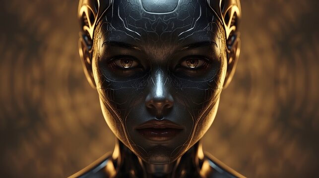 A dramatic close-up portrait of a dark, metallic female cyborg with intricate facial patterns and a powerful, direct gaze under warm studio lighting