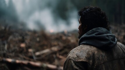 Indigenous man watching the destruction of the forest