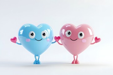 A delightful pair of blue and pink cartoon hearts with charming smiles and tiny arms