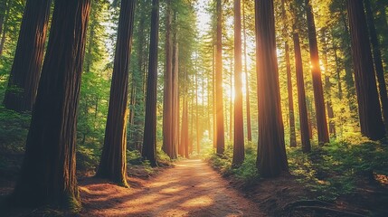 Fototapeta premium Forest path glowing under warm sunlight and green trees high resolution picture