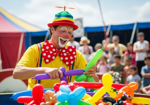 A joyful male clown creating colorful balloon animals at an outdoor event under a bright sky