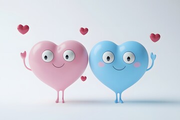 Adorable pink and blue heart characters smiling and waving, celebrating love and connection