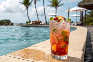 Refreshing cocktail near swimming pool, close up