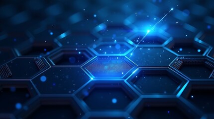 Obraz premium Abstract blue hexagonal grid with glowing lights and particles
