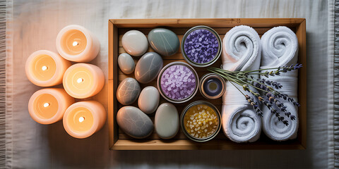Luxury Spa Flat Lay with Aromatherapy Candles, Massage Stones, Bath Salts, and Rolled Towels – Relaxation and Wellness Concept.