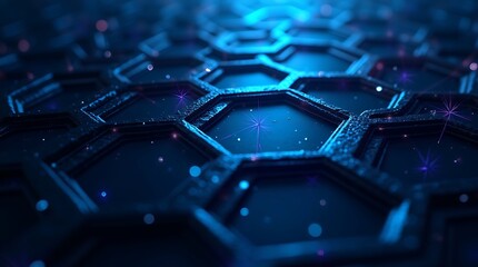 Abstract blue hexagonal grid with glowing lights and particles