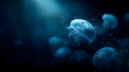 Ethereal jellyfish drifting in the deep glowing sea