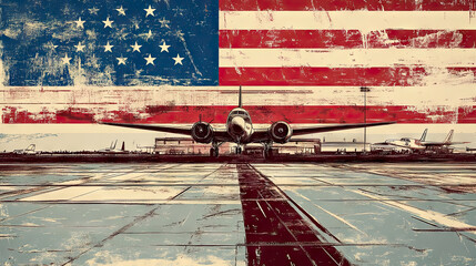 Vintage airplane with faded american flag in grunge aesthetic backdrop for Air Force Birthday