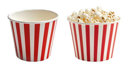 Classic red and white striped popcorn containers showing empty and full versions, isolated on transparent background