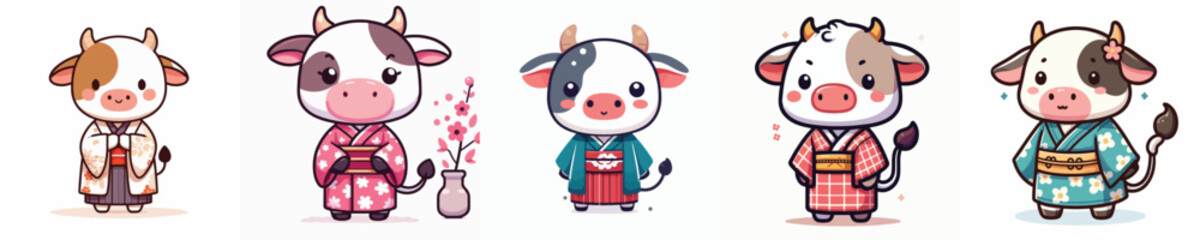 cute cow vector in kimono costume