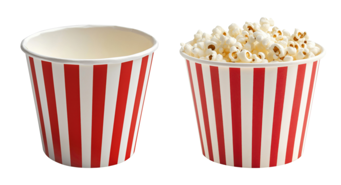 Classic red and white striped popcorn containers showing empty and full versions, isolated on transparent background