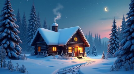 Cozy snow covered cabin in a winter forest at dusk