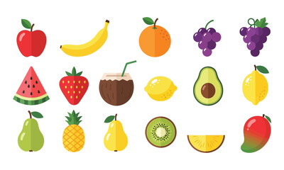 A vibrant cartoon collection of fresh fruits and vegetables including apples, oranges, strawberries, bananas, and a pineapple