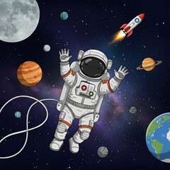 Astronaut floating in space with planets and a rocket, illustrating cosmic exploration and discovery