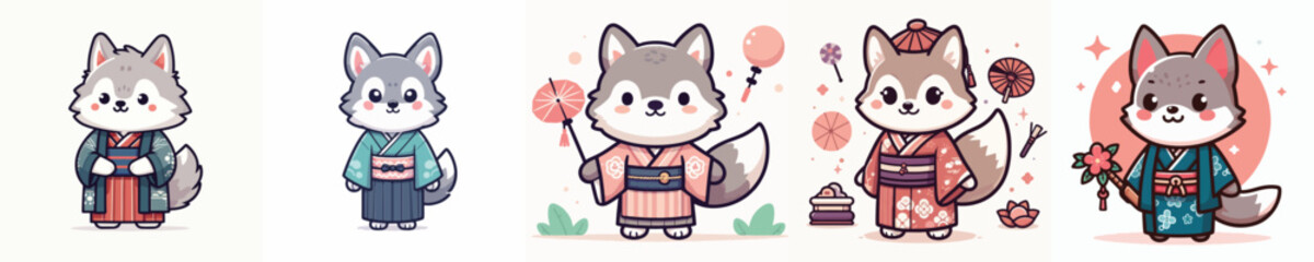 cute wolf vector in kimono costume