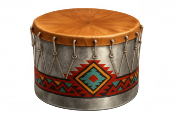 Native american drum featuring intricate geometric patterns, displaying traditional craftsmanship and cultural symbolism against transparent background