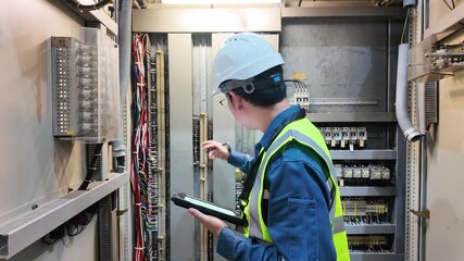 Electrical engineer wearing helmet and safety vest inspects local control cabinet wiring inside substation ensuring proper system functionality while working carefully electrical components