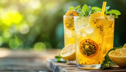 Refreshing Summer Passion Fruit Cocktail: A Cold, Healthy Lemonade Drink For Sunny Days With Sparkling Water And Lemon