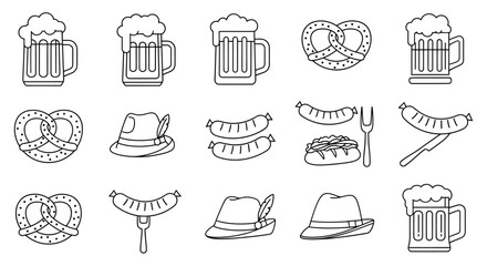 Celebrate Oktoberfest with these charming line art icons of beer mugs, pretzels, sausages, and traditional hats perfect for festive designs