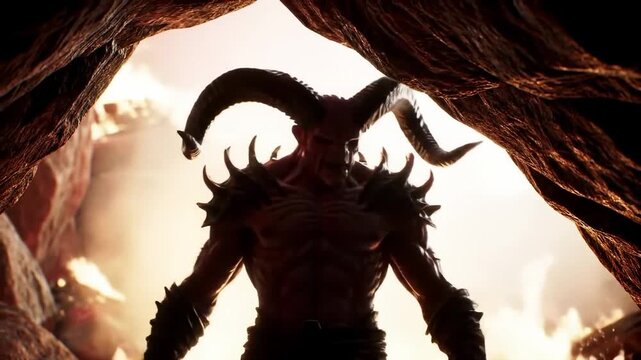 Muscular demon emerges from fiery cave