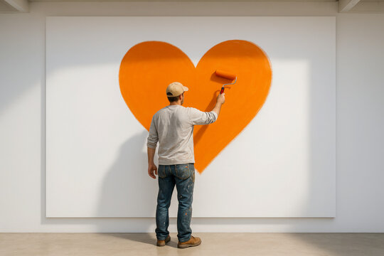 Man in casual clothing and cap paints a large orange heart on a white wall using a paint roller, blending public art expression with symbolic cultural themes of love and community connection.