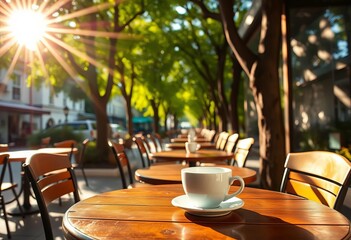 Sunlight streams through trees onto outdoor cafe tables, coffee cups sit ready, restaurant, beverage