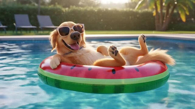 Golden Retriever Dog Floating on Watermelon Pool Float Wearing Sunglasses and Enjoying a Summer Day Golden Retriever Having Fun in Swimming Pool