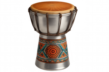 Studio shot of a djembe drum with transparent background, showcasing the vibrant colors and intricate patterns of its traditional design