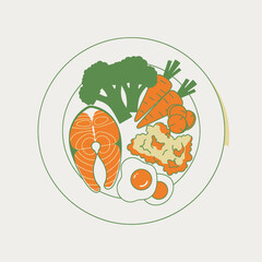 Balanced meal for a healthy lifestyle, Top view of nutritious food on a plate with salmon and vegetables