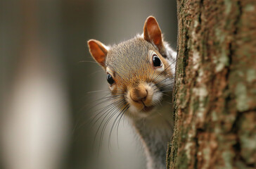 Fototapeta premium Photograph of a light squirrel peeking from behind a tree trunk in a forest, with detailed fur and bright eyes