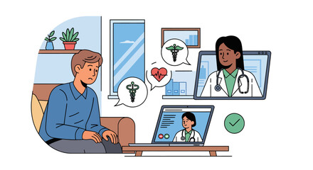 Worried patient consulting with doctors online using telehealth for medical advice and treatment, embracing modern healthcare technology for convenient care