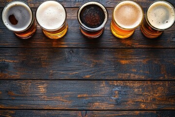 Row of assorted craft beer glasses on dark rustic wooden table with ample space below, perfect for brewery advertising, bar menus, beer festivals, and tasting event designs