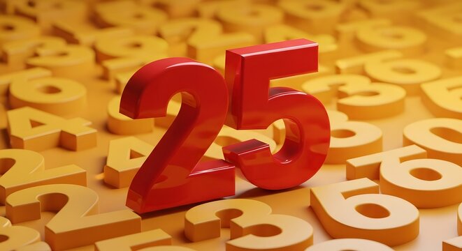 Bold Red Number Twenty Five Standing Among Yellow Numbers on Abstract Background