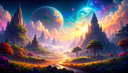 Colorful fantasy landscape with fantastical planets