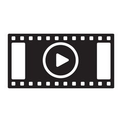 Silhouette icon of a film strip with perforated edges, featuring a centered circle containing a white play button. 