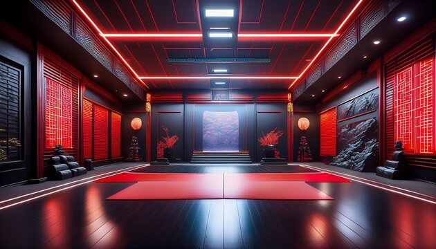 a high tech cyber dojo 3d background room with interactive training holograms sleek black and red interior design and glowing neon katana racks the space blends traditional martial arts with