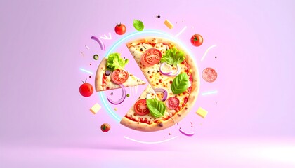 Pizza slice in mid-air, vibrant pink background