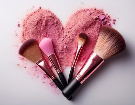 makeup brushes and pink powder arranged in a heart shape on a clean white surface suggesting beauty and affection - Powered by Adobe