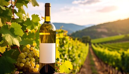 Fototapeta premium Wine bottle in vineyard at sunset