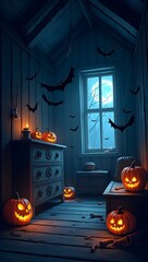 Obraz premium Bats flying in a spooky attic with glowing jack-o-lanterns and old furniture. Eerie shadows and a Halloween atmosphere in flat vector style.