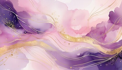 Fototapeta premium an abstract watercolor background with gentle pastel tones of light pink and purple elevated by glistening golden stripes and splatters