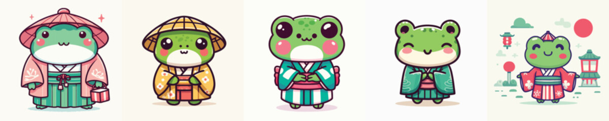 Obraz premium cute frog vector in kimono costume
