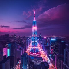 Obraz premium Towering skyscraper illuminated by vibrant neon lights
